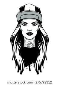 Vector black and white image of a young girl with tattoos. Vector logo hipster girl.