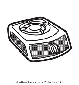 vector black and white images, line art, single burner gas stove tilted to the side
