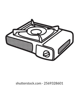 vector black and white images, line art, portable single burner gas stove tilted forward