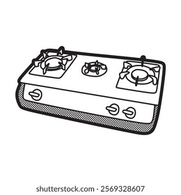 vector black and white images, line art, three burner gas stove