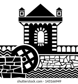 vector black and white images of old water mill