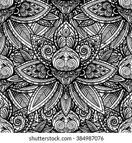 Vector Black and White Indian Flower Seamless Pattern