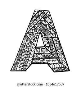 vector black and white initial letter A vintage ornament for design, illustration capital letter and decorated with decorative ornament in folk style