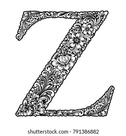 vector black and white initial letter D with flowers floral vintage ornament for design, capital letter illustration and decorated with decorative floral ornament in folk style