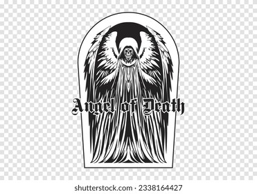 Vector black and white ink mystical sticker or emblem. Winged angel of death with a skull on a white background. Religion and culture.
