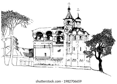 Vector Black and white ink and pen traced hand drawn landscape with the monastery bell tower in tradition ancient architectural Russian style with onion shape domes in the town of Suzdal, Russia 