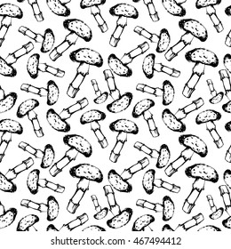 Vector black and white ink seamless pattern with artistically drawn mushrooms. Modern illustration. Can be used for wallpaper, pattern fills, web page, surface textures, textile print, wrapping paper.