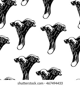 Vector black and white ink seamless pattern with artistically drawn mushrooms. Modern illustration. Can be used for wallpaper, pattern fills, web page, surface textures, textile print, wrapping paper.