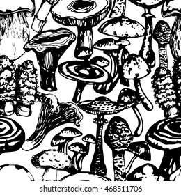 Vector black and white ink seamless pattern with artistically drawn mushrooms. Modern illustration. Can be used for wallpaper, pattern fills, web page, surface textures, textile print, wrapping paper.