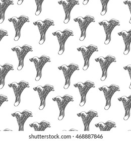 Vector black and white ink seamless pattern with artistically drawn mushrooms. Modern illustration. Can be used for wallpaper, pattern fills, web page, surface textures, textile print, wrapping paper.