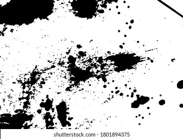 Vektorschwarz-weißer Hintergrund mit Farbspritzer, Pinselstrich und Pinselstrich, Fleck, Spray, Muschel, Spatter, Splitter, Tropfen, Tropfen, Tintenfleck Grunge strukturierte Elemente für Design, Hintergrund.