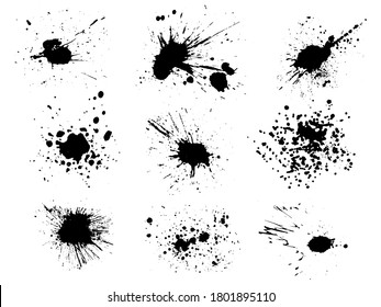 Vektorschwarz-weißer Farbspritzer, Pinselstrich und Pinselstrich, Fleck, Spray, Muschel, Spatter, Splitter, Tropfen, Tropfen, Tintenfleck Grunge strukturierte Elemente für Design, Hintergrund.