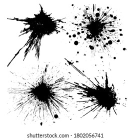 Vektorschwarz-weißer Farbspritzer, Pinselstrich und Pinselstrich, Fleck, Spray, Muschel, Spatter, Splitter, Tropfen, Tropfen, Tintenfleck Grunge strukturierte Elemente für Design, Hintergrund.