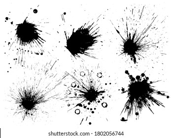 Vektorschwarz-weißer Farbspritzer, Pinselstrich und Pinselstrich, Fleck, Spray, Muschel, Spatter, Splitter, Tropfen, Tropfen, Tintenfleck Grunge strukturierte Elemente für Design, Hintergrund.