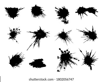 Vektorschwarz-weißer Farbspritzer, Pinselstrich und Pinselstrich, Fleck, Spray, Muschel, Spatter, Splitter, Tropfen, Tropfen, Tintenfleck Grunge strukturierte Elemente für Design, Hintergrund.