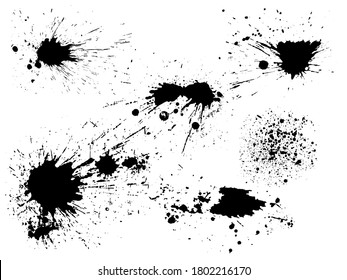 Vektorschwarz-weißer Farbspritzer, Pinselstrich und Pinselstrich, Fleck, Spray, Muschel, Spatter, Splitter, Tropfen, Tropfen, Tintenfleck Grunge strukturierte Elemente für Design, Hintergrund. Burst-Blitzform