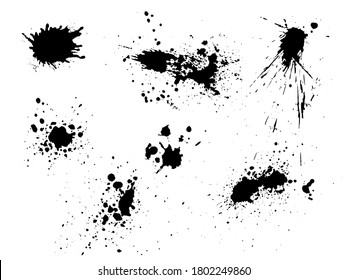 Vektorschwarz-weißer Farbspritzer, Pinselstrich und Pinselstrich, Fleck, Spray, Muschel, Spatter, Splitter, Tropfen, Tropfen, Tintenfleck Grunge strukturierte Elemente für Design, Hintergrund. Burst-Blitzform