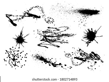 Vector black and white ink splash, blot and brush stroke spot spray smudge, spatter, splatter, drip, drop, ink blob brush, paint spot, spray, smudge smears Grunge textured elements design background