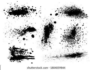 Vector black and white ink splash, blot and brush stroke spot spray smudge, spatter, splatter, drip, drop, ink blob brush, paint spot, spray, smudge smears Grunge textured elements design background