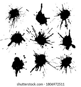 Conjunto vectorial blanco y negro de salpicaduras de tinta, manchas y pinceladas Grunge elementos texturados para el diseño