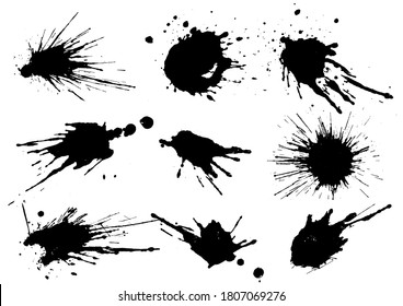 Vector black and white ink splash, blot and brush stroke spot spray smudge, spatter, splatter, drip, drop, ink blob brush, paint spot, spray, smudge smears Grunge textured elements design background.