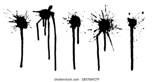 Vector black and white ink splash, blot and brush stroke spot spray smudge, spatter, splatter, drip, drop, ink blob brush, paint spot, spray, smudge smears Grunge textured elements design background.