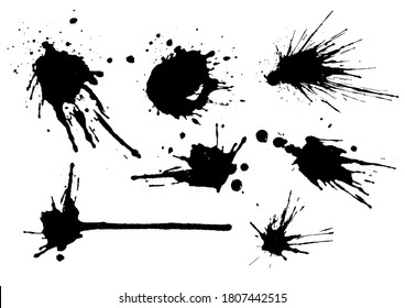 Vector black and white ink splash, blot and brush stroke spot spray smudge, spatter, splatter, drip, drop, ink blob brush, paint spot, spray, smudge smears Grunge textured elements design background.