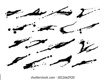 Vector black and white ink splash, blot and brush stroke spot spray smudge, spatter, splatter, drip, drop, ink blob brush, paint spot, spray, smudge smears Grunge textured elements design background.