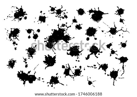 Vector black and white ink splash, blot and brush stroke, spot, spray, smudge, spatter, splatter, drip, drop, ink blob brush, paint spot, spray, smudge Grunge textured elements for design, background.