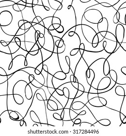 Vector black and white inky hand drawn free style curved background. Seamless pattern.