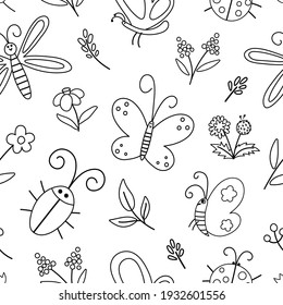 Vector black and white insect and first flower seamless pattern. Funny spring garden repeating background. Cute outline ladybug, butterfly, beetle, dandelion digital paper for kids
