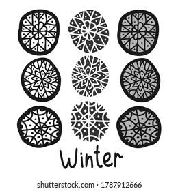Vector black and white isolated decorative set of snowflakes and winter text