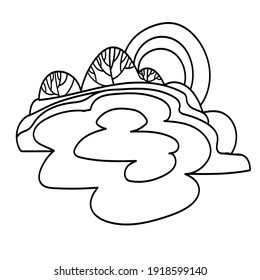 Diseño vectorial aislado en blanco y negro de paisaje nocturno abstracto con árboles. Ilustración alineada sobre fondo blanco. Perfecto para tarjetas, postales, anuncios, pegatinas, insignias.