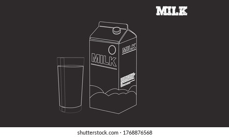 Vector Black and White Isolated Illustration of a Milk Box and a Glass of Milk