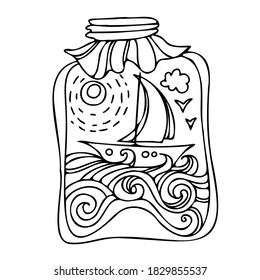 Diseño ornamental vectorial, aislado en blanco y negro, de paisaje marino con velero y sol en tarro. El diseño es perfecto para textil, superficies, paños, papel envolvente, papel pintado, embalaje