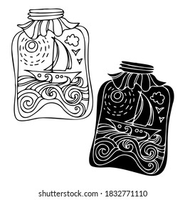 Vector black and white isolated lined ornamental design of sea landscape with sailboat and sun in jar. The design is perfect for textile, surfaces, cloths, wrapping paper, wallpaper, packaging