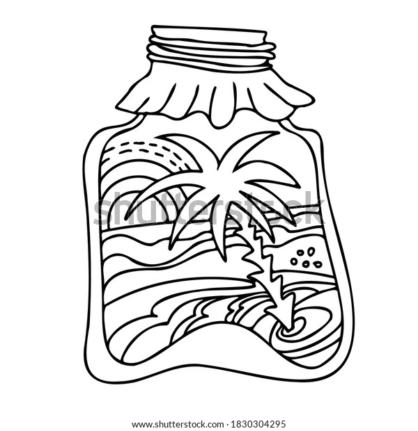 Vector black\
and white isolated lined design of sea landscape with palm tree on\
island in jar. The design is perfect for textile, surfaces, cloths,\
wrapping paper, wallpaper,\
packaging