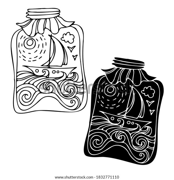 Vector black and white isolated lined\
ornamental design of sea landscape with sailboat and sun in jar.\
The design is perfect for textile, surfaces, cloths, wrapping\
paper, wallpaper,\
packaging