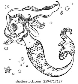 Vector black and white isolated object depicting a modest and beautiful mermaid with long hair