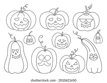 Vector black and white jack-o-lanterns set. Outline Halloween party illustration or coloring page with funny pumpkin lanterns. Scary design for Autumn Samhain party. All saints day elements.
