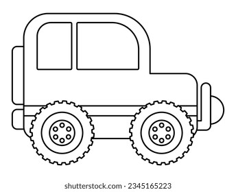 Vector black and white jeep car. Funny line off-road automobile for kids. Cute vehicle clip art. Retro transport icon isolated on white background or coloring page
