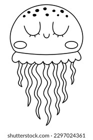 Vector black and white jellyfish icon. Under the sea line illustration with cute funny jelly fish. Ocean animal clipart. Cartoon underwater or marine clip art or coloring page for children
