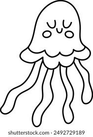 Vector black and white jellyfish icon. Under the sea line illustration with cute funny jelly. Ocean animal clipart. Cartoon underwater or marine clip art or coloring page for children
