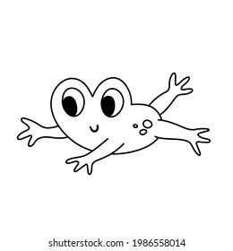 Vector black and white jumping frog. Funny woodland swamp animal. Cute forest reptile outline illustration for kids isolated on white background. Outline toad icon
