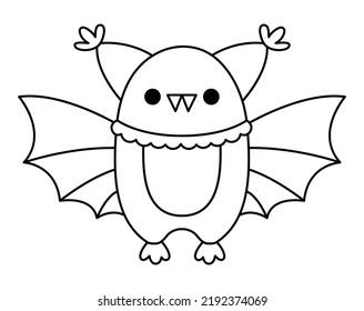 Vector black and white kawaii bat. Cute smiling Halloween line character for kids. Funny autumn all saints day cartoon animal with spread wings illustration. Samhain party icon or coloring page
