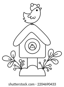 Vector black and white kawaii bird house with snow, bird, twigs. Cute Christmas starling house illustration isolated on white background. New Year or winter line icon. Funny coloring page
