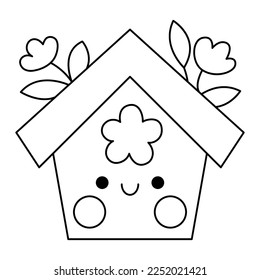 Vector black and white kawaii birdhouse icon for kids. Cute line Easter symbol illustration or coloring page. Funny cartoon character. Adorable spring starling or bird house clipart with flowers
