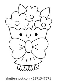 Vector black and white kawaii bouquet icon with bow. Line flowers bunch isolated clipart. Cute present outline illustration. Funny Saint Valentine or holiday coloring page for kids with love concept
