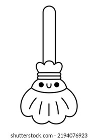 Vector Black And White Kawaii Broomstick. Cute Smiling Halloween Line Character For Kids. Funny Autumn All Saints Day Cartoon Scary Witch Broom Illustration. Samhain Party Icon Or Coloring Page
