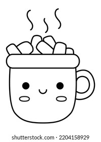 Vector black and white kawaii cacao cup with marshmallow. Cute Christmas mug character illustration isolated on white. New Year or winter smiling crockery. Funny line icon, coloring page
